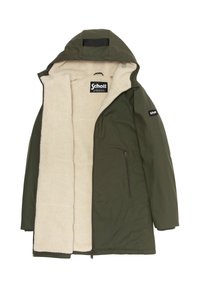 Parka de color verde oliva con un forro suave color crema, capucha y bolsillo lateral con cremallera; confeccionada con material resistente al agua.