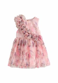 Roosa lilleline kleit, millel on volangiga vasak õlg, volditud seelik ja pehme tekstuur. Omab pastelset tooni ja delikaatset lillemustrit.