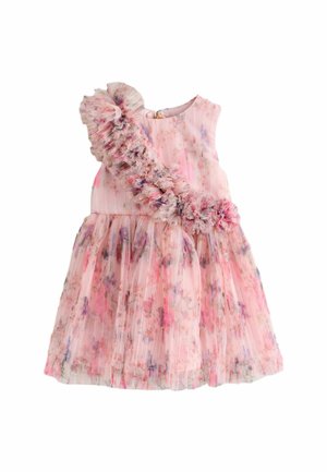 Rotes Blumenkleid mit schulterfreiem, rüschiertem linken Ärmel, plissee Rock und weichem Material. Es enthält Pastellfarben und ein zartes Blumenmuster.