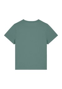 Korte mouwen, rondhals t-shirt in gedempt groen. Gemaakt van zacht stof met een gladde textuur; heeft een eenvoudige, klassieke snit zonder versieringen.