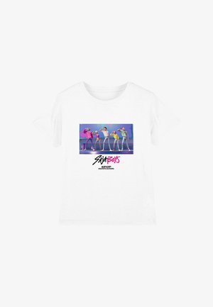 White cotton t-shirt featuring a colorful printed graphic of four cartoon figures performing, with text "Saja Boys KPOP Demon Hunters" below.