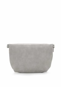 Pochette in finta pelle grigia con una texture liscia, forma rettangolare e chiusura con zip, caratterizzata da un design minimalista e senza hardware visibile.