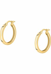 Hoop-Ohringe in Goldoptik mit polierter Oberfläche, die eine glatte, runde Form und einen sicheren Verschluss besitzen.