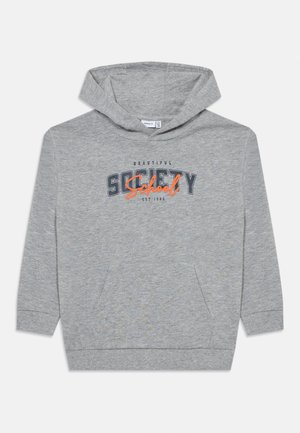 Szara bluza z kapturem i kieszenią kangurzą, z napisem "BEAUTIFUL SOCIETY School EST 1986" w granatowym i pomarańczowym kolorze. Miękka tkanina i regulowany kaptur.