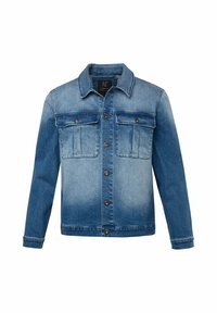 Chaqueta de mezclilla con un degradado de azul claro a oscuro, que cuenta con un cuello, dos bolsillos en el pecho con cierres de solapa y botones metálicos.