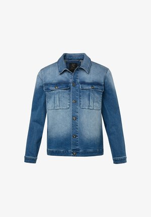 Jeansjacke mit einem verblassten hell- bis dunkelblauen Farbverlauf, ausgestattet mit einem Kragen, zwei Brusttaschen mit Klappen und metallischen Knöpfen.