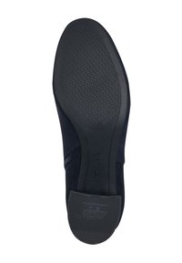 Sole di una scarpa nera che mostra una suola in gomma antiscivolo con texture e un tallone con il testo "ANTI SLIDE" in rilievo.