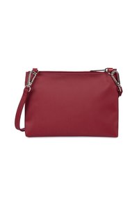 Rote nylon Clutch-Tasche mit Reißverschluss, abnehmbarem Handgelenkriemen und silbernem Zubehör. Glatte Oberfläche und rechteckige Form ohne Muster.