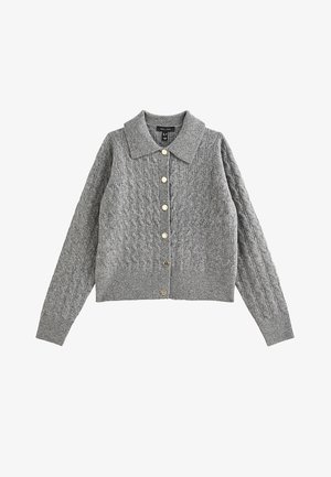 Graue Strickjacke mit Kragen, ausgestattet mit einem Zopfmuster und fünf goldenen Knöpfen auf der Vorderseite. Knapper Schnitt.