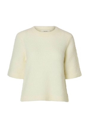 Pull à manches courtes couleur crème avec un encolure ronde, en tissu texturé et coupe décontractée, présentant des bords côtelés aux manches et à l'ourlet.