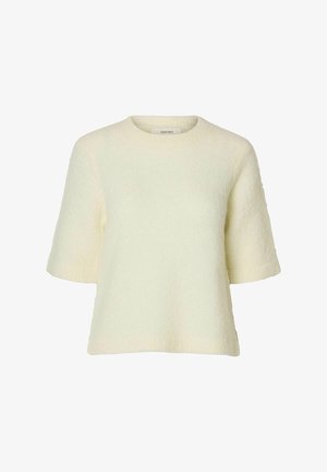 Pull à manches courtes couleur crème avec un encolure ronde, en tissu texturé et coupe décontractée, présentant des bords côtelés aux manches et à l'ourlet.