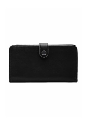 Portefeuille rectangulaire en cuir noir avec bords arrondis et fermeture par sangle à bouton-pression, centré sur fond blanc.