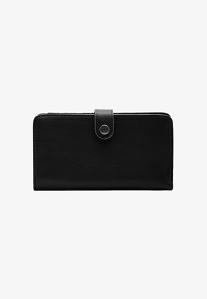 Portefeuille rectangulaire en cuir noir avec bords arrondis et fermeture par sangle à bouton-pression, centré sur fond blanc.