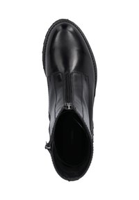 Black leather ankle boot with a smooth texture, zipper closure, curved top edge, and a sturdy sole. Interior is dark and minimalistic.