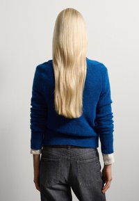 Blauwe gebreide trui met geribde manchetten over een wit shirt, gecombineerd met donkergrijze high-waisted jeans, gezien vanuit de achterkant. Lang stijl haar.