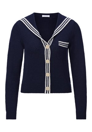 Cardigan blu navy lavorato a maglia con colletto bianco in stile marinaresco e righe, bottoni frontali e una piccola tasca sul petto sinistro.