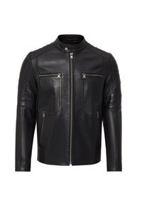 Zwart leren jack met een ritssluiting aan de voorkant, twee borstzakken en twee zijzakken. Gedetailleerde schouderpanelen met een geweven textuur.