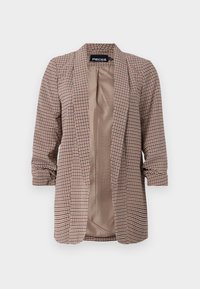 Brązowa marynarka w kratę o luźnym kroju, z rękawami do łokcia i otwartym przodem, wykonana z teksturowanej tkaniny z gładkim podszewką.