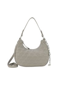 Borsa a spalla in pelle grigia con una forma curvata, motivo in rilievo, manico superiore singolo e un accento decorativo di catena argentata.