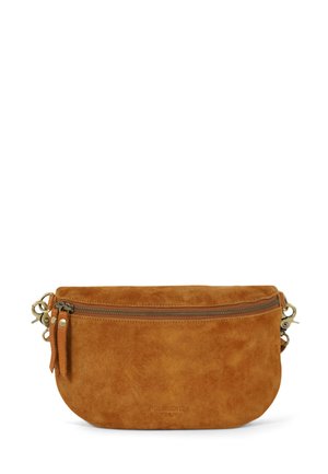 Brown suede clutch bag with a zip closure, featuring a smooth texture, round shape, and side hardware accents for strap attachment.