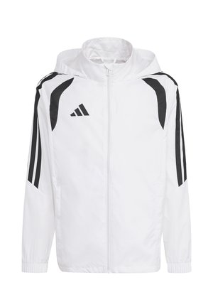 Weißes Sportjacke mit Reißverschluss und schwarzen Streifen an den Ärmeln, schwarzen Schulterakzenten, elastischen Bündchen und Kapuze.