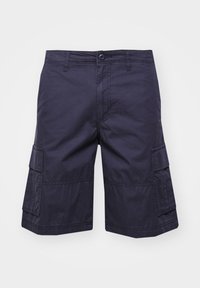 Shorts cargo bleu marine en coton, avec poches latérales, longueur genou, devant plat et fermeture à bouton. Texture lisse avec coutures robustes.