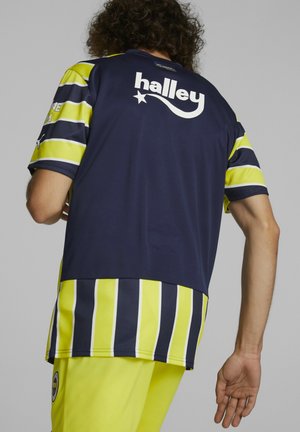 Maglietta sportiva a righe blu navy e giallo neon con maniche corte. Presenta il logo "halley" sul retro e un texture a contrasto sull'orlo.