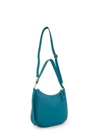 Türkisfarbene Leder-Schultertasche mit runder Form, verstellbarem Tragegurt und goldenen Hardware-Akzenten; verfügt über eine strukturierte Oberfläche und ein Reißverschlussfach.