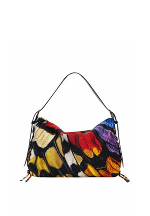 Sac à main avec une bandoulière noire arborant un motif coloré d'ailes de papillon en nuances de jaune, rouge, violet, bleu et orange.