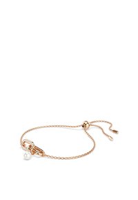 Pulsera de oro rosa con una delicada cadena, que presenta una perla y un cierre adornado con pequeños cristales. Cierre deslizante ajustable.