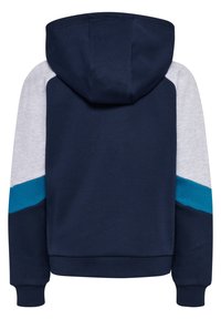 Marineblauer Hoodie mit hellgrauen oberen Ärmeln, türkisfarbenem diagonalen Streifen an den Ärmeln sowie gerippten Bündchen und Saum, von hinten gezeigt.