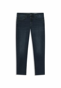 Vaqueros de denim azul oscuro con un diseño clásico, piernas rectas, cinco bolsillos y un ligero desgastado. Presentan una cremallera y trabillas para cinturón.