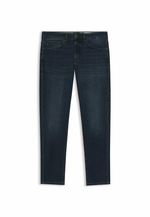 Vaqueros de denim azul oscuro con un diseño clásico, piernas rectas, cinco bolsillos y un ligero desgastado. Presentan una cremallera y trabillas para cinturón.