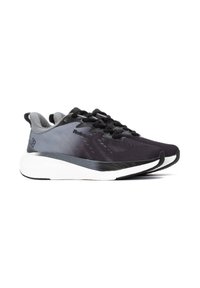 Zapatillas deportivas en negro y gris con una parte superior de malla texturizada, entresuela blanca en contraste, puntera redondeada y suela de goma negra plana.