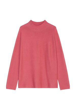 Pull à col roulé rose à manches longues en tissu doux ; il présente un col haut et une coupe décontract�ée avec des poignets et un ourlet côtelés.