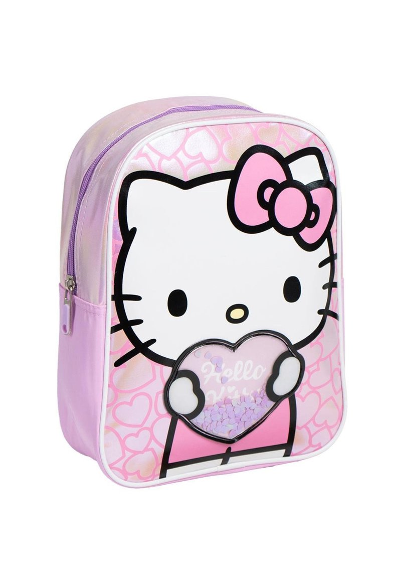Rosa Rucksack mit einem Hello Kitty Design und einer herzförmigen Tasche. Hergestellt aus strapazierfähigem Material, hat er eine glänzende Oberfläche und einen Reißverschluss.
