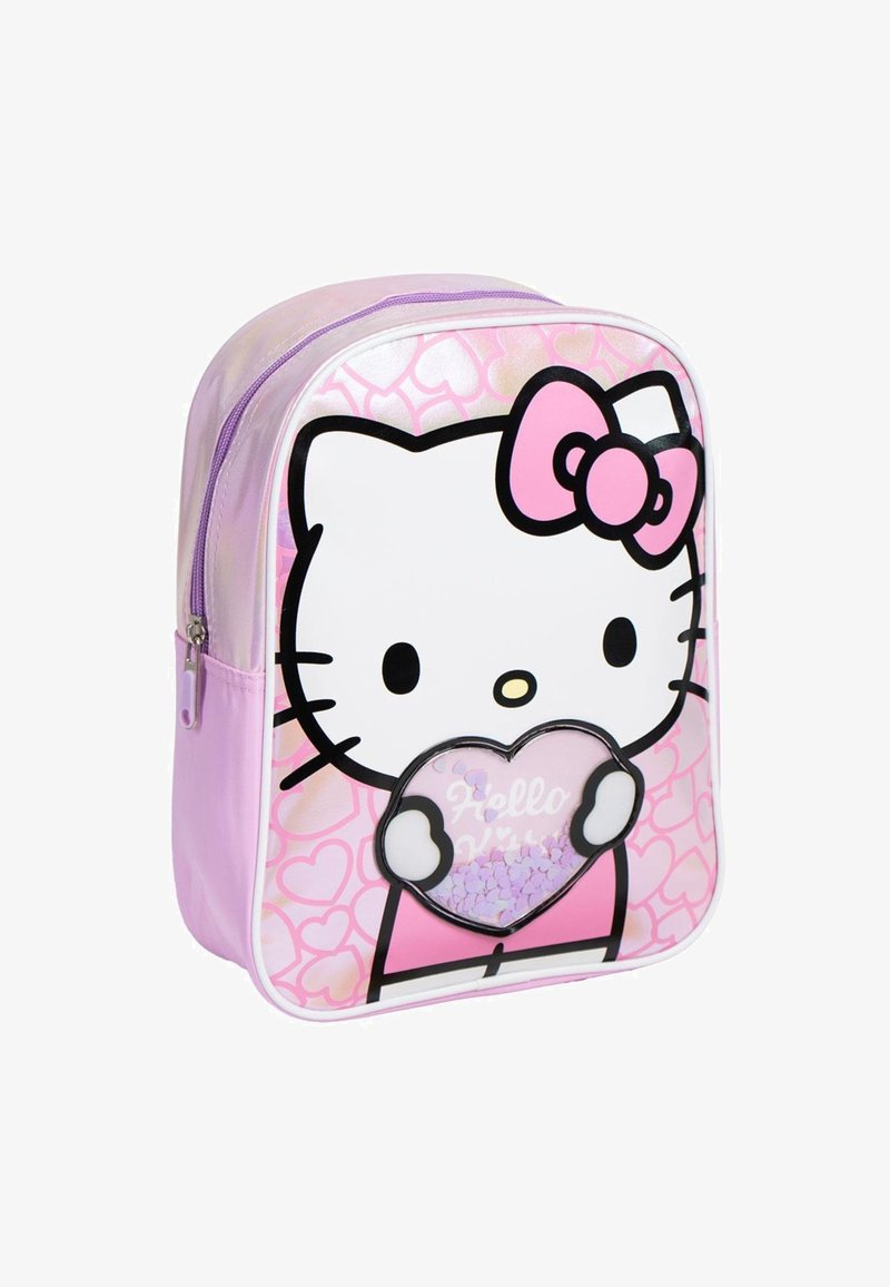 Rosa Rucksack mit einem Hello Kitty Design und einer herzförmigen Tasche. Hergestellt aus strapazierfähigem Material, hat er eine glänzende Oberfläche und einen Reißverschluss.