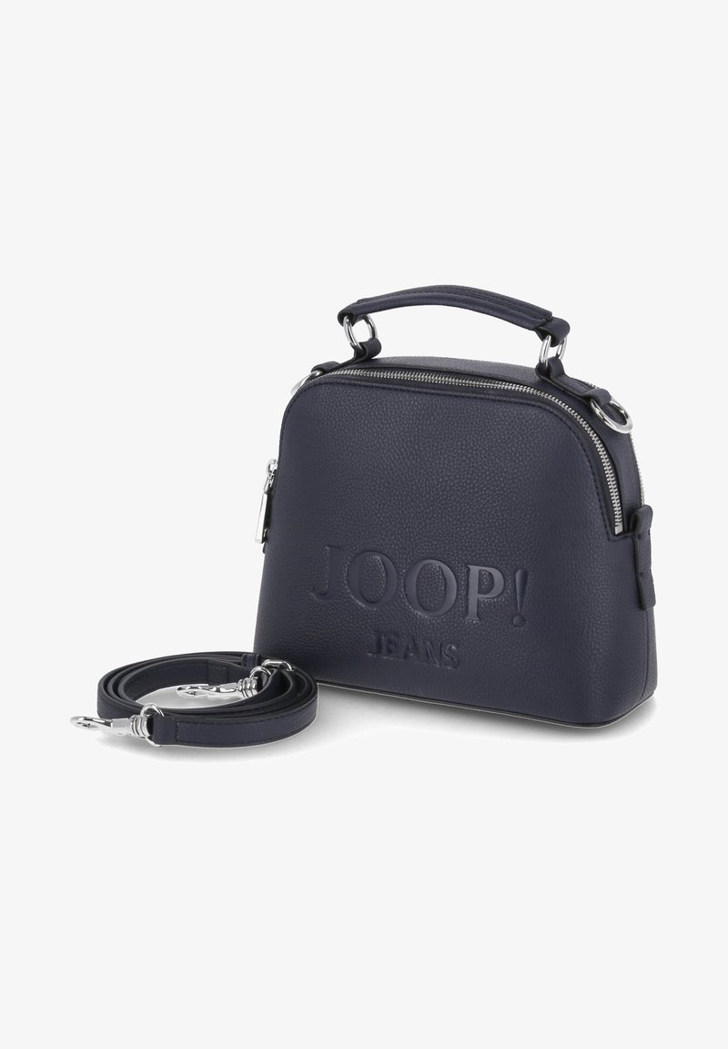 Sac à main en cuir bleu foncé avec poignée supérieure, bandoulière amovible, fermetures éclair argentées et "JOOP! JEANS" embossé à l'avant.