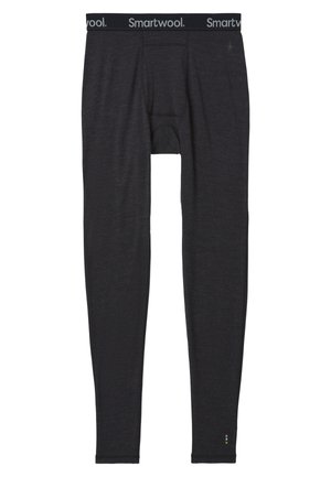 Sorte uldblandede lange underbukser med en tætsiddende pasform, elastisk talje med "Smartwool" logo og en nøglehulåbning.