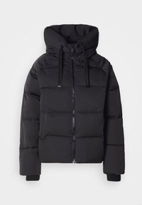 Black puffer jacket with a zip closure, oversized hood, and elasticized cuffs. Quilted design and smooth texture for insulation.