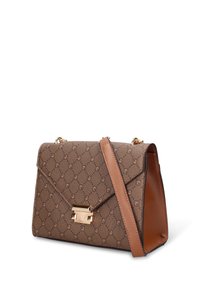 Borsa a tracolla marrone con motivo, dettagli in oro, design con pattina e tracolla removibile. Texture liscia e forma strutturata.