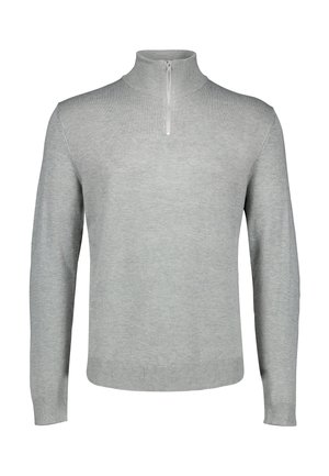 Maglione lavorato a maglia grigio chiaro a maniche lunghe con collo alto a coste e breve chiusura anteriore con cerniera.