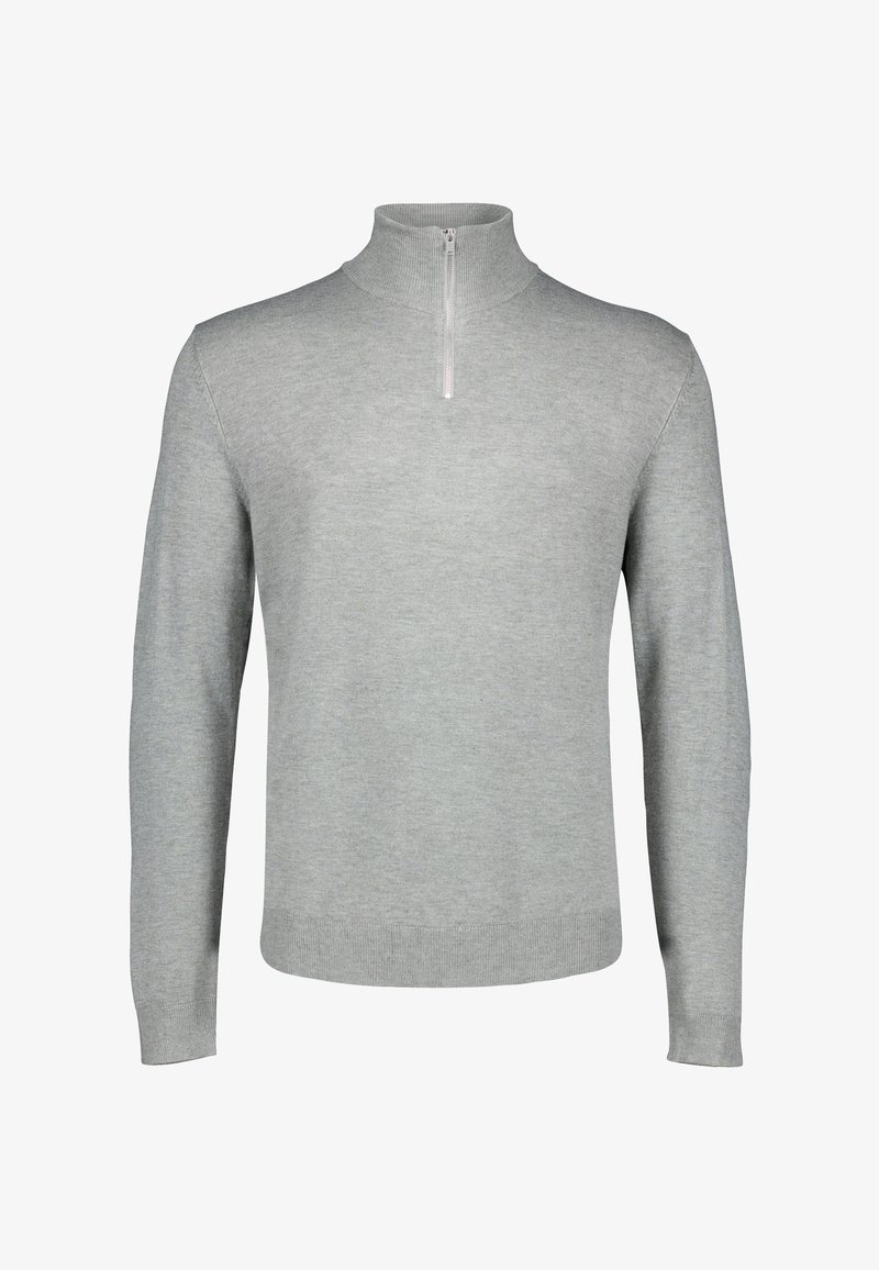 Maglione lavorato a maglia grigio chiaro a maniche lunghe con collo alto a coste e breve chiusura anteriore con cerniera.