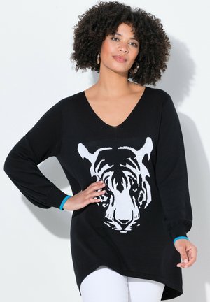 Pullover nero a maglia con una grande grafica di tigre bianca. Design a V con maniche lunghe e dettagli blu ai polsini.