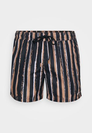 Svøm Shorts med vertikale striper i svart, brunt og hvitt. Laget av lett materiale med elastisk midjebånd og snøring.