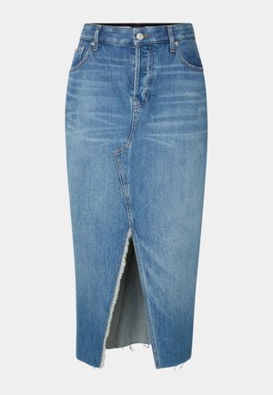 Jeanskjørt i lyseblått, med splitt foran og flortynt nederkant. Klassisk fem-lomme-design med synlige sømmer. Vanlig passform.