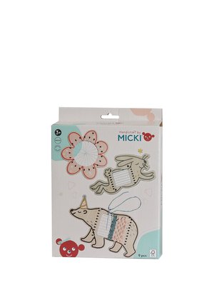 Children's wooden threading toy set featuring a bear, rabbit, and flower designs with colored threads for stitching activities.