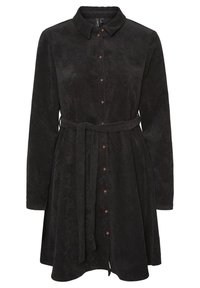 Schwarzes Cordhemdkleid mit langen Ärmeln, durchgehender Knopfleiste, Kragen und einem Stoffgürtel. Hat eine dezente vertikale Textur und Metallknöpfe.
