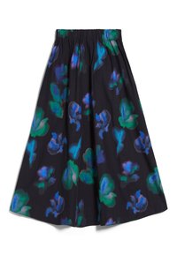 Jupe midi noire avec des motifs floraux abstraits verts et bleus et une ceinture élastique.