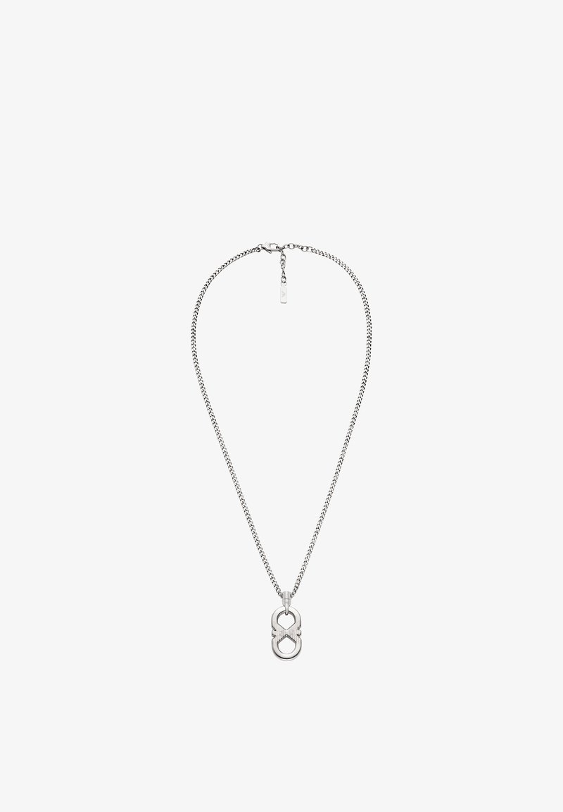Collier chaîne en argent avec pendentif en boucle entrelacée à finition polie, maillons texturés et petit fermoir ajustable.